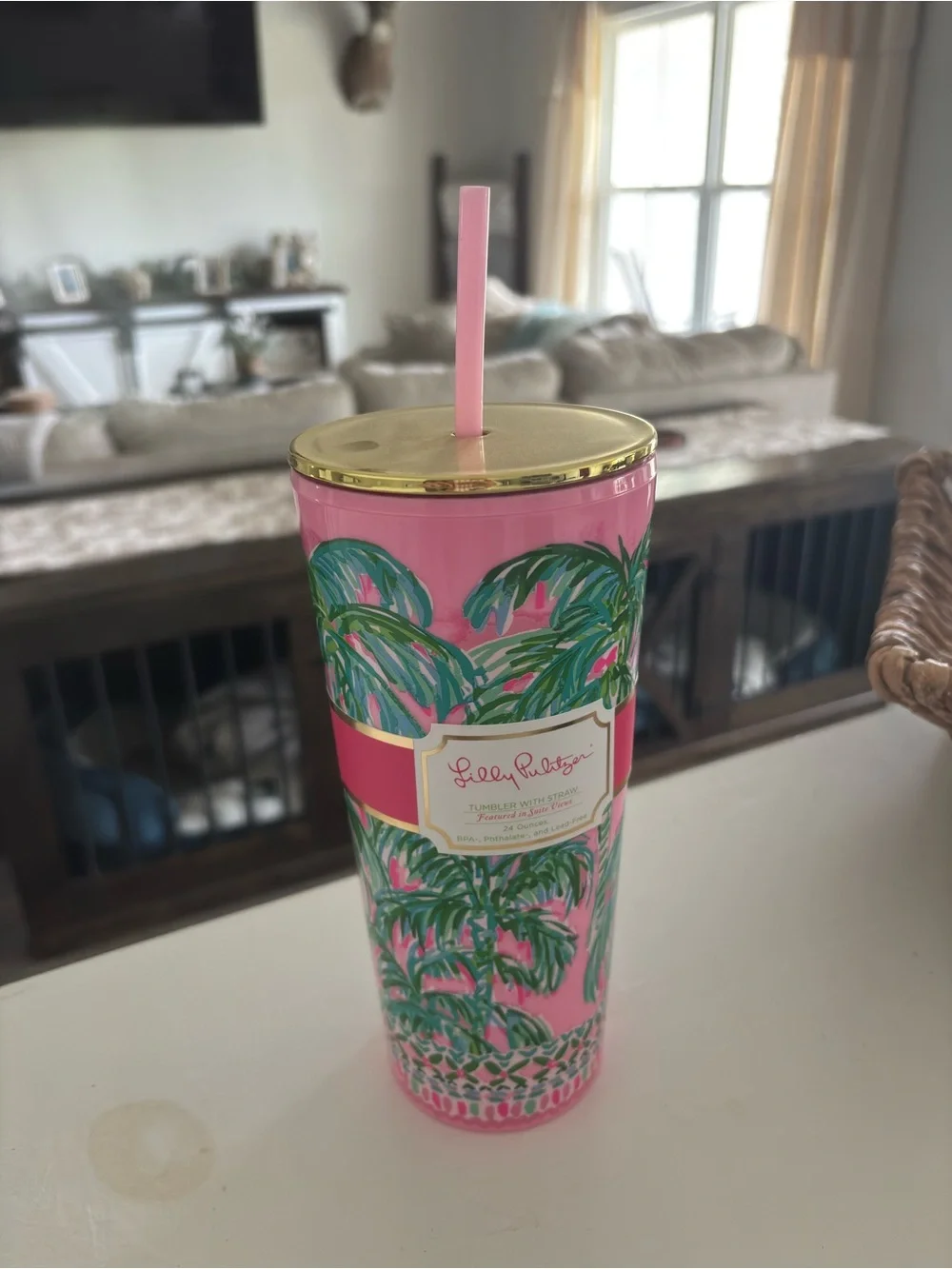 Lilly Pulitzer Pink Palm-Print Tumbler with Gold Trim and Straw